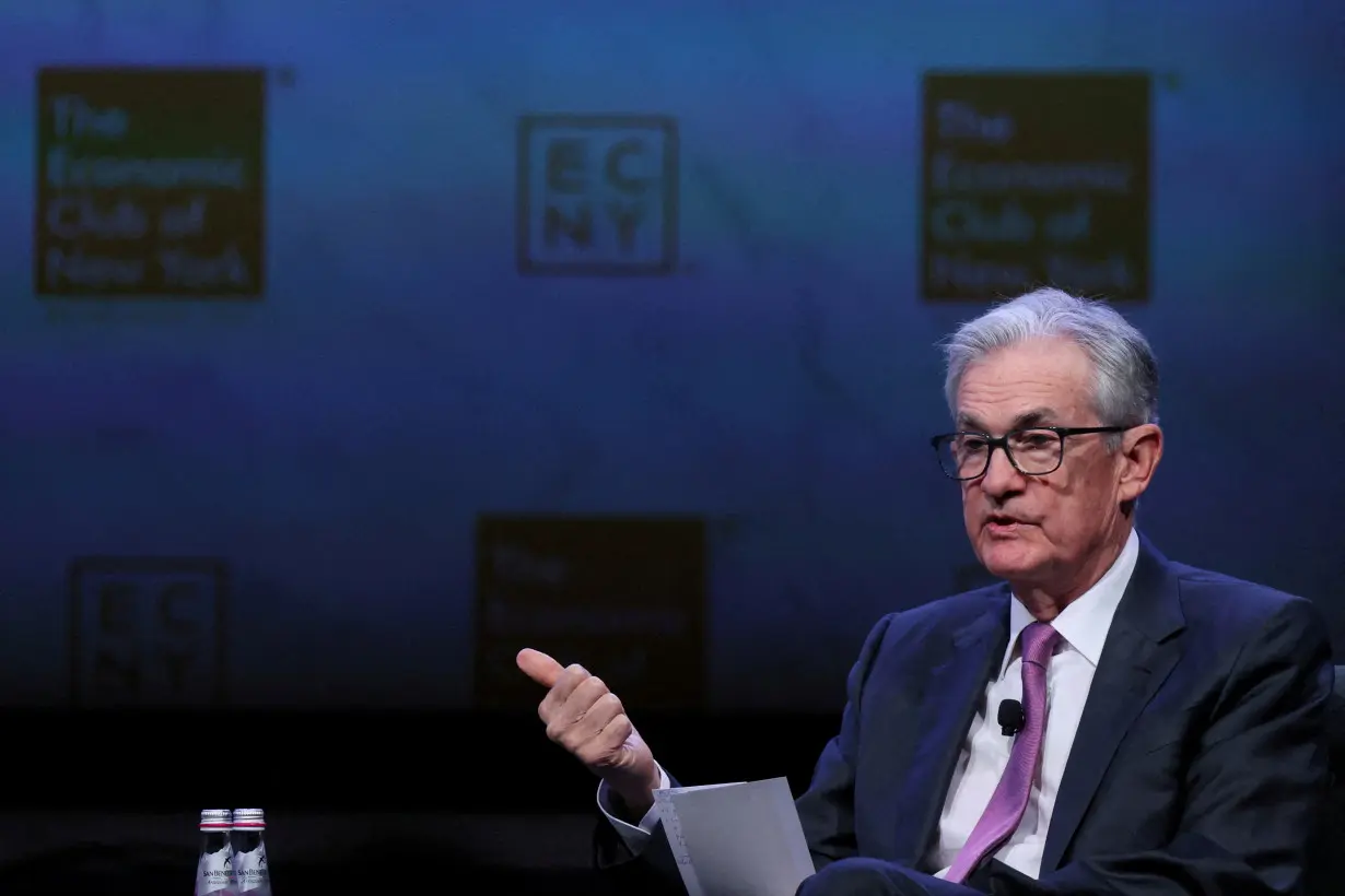 FILE PHOTO: Federal Reserve Chair Jerome Powell speaks during a meeting of the Economic Club of New York in New York