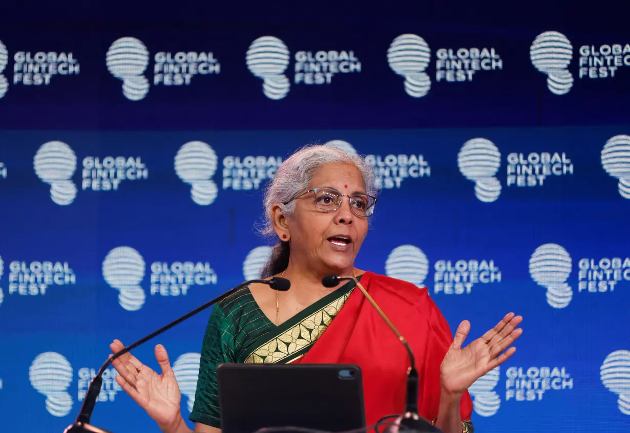 India's Finance Minister Nirmala Sitharaman speaks at the Global Fintech Fest in Mumbai