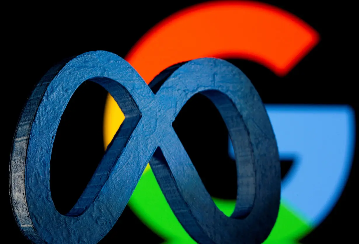 FILE PHOTO: A 3D printed logo of Meta Platforms is seen in front of displayed Google logo in this illustration