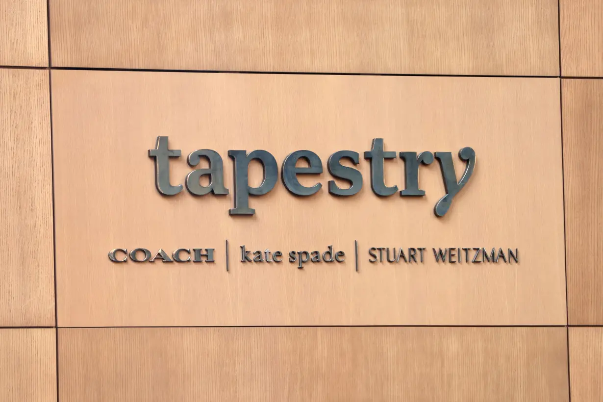 Signage is seen in the offices of Tapestry, Inc., in Manhattan, New York