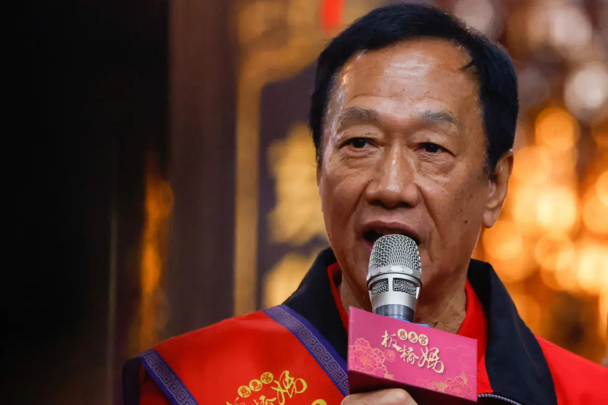 Terry Gou, the founder of Taiwan's Foxconn, makes a speech at Banqiao Cihui Temple in New Taipei City