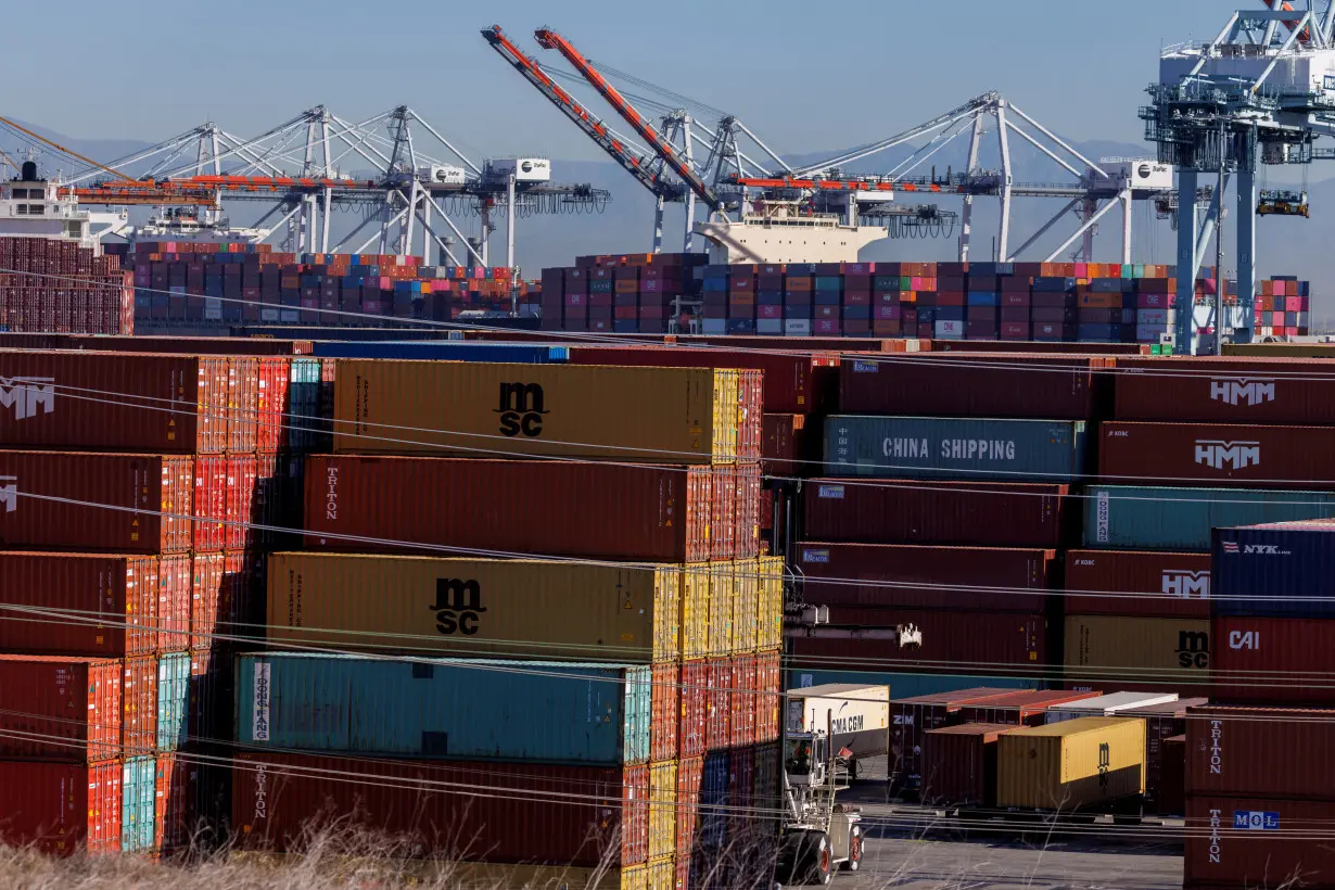 FILE PHOTO: Stacked containers are shown as ships unload their cargo at the Port of Los Angeles