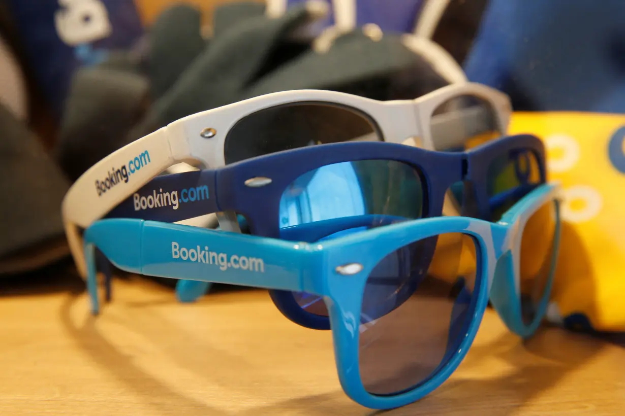 Sunglasses with the logo of Booking.com are seen at the new Booking.com customers site in Tourcoing