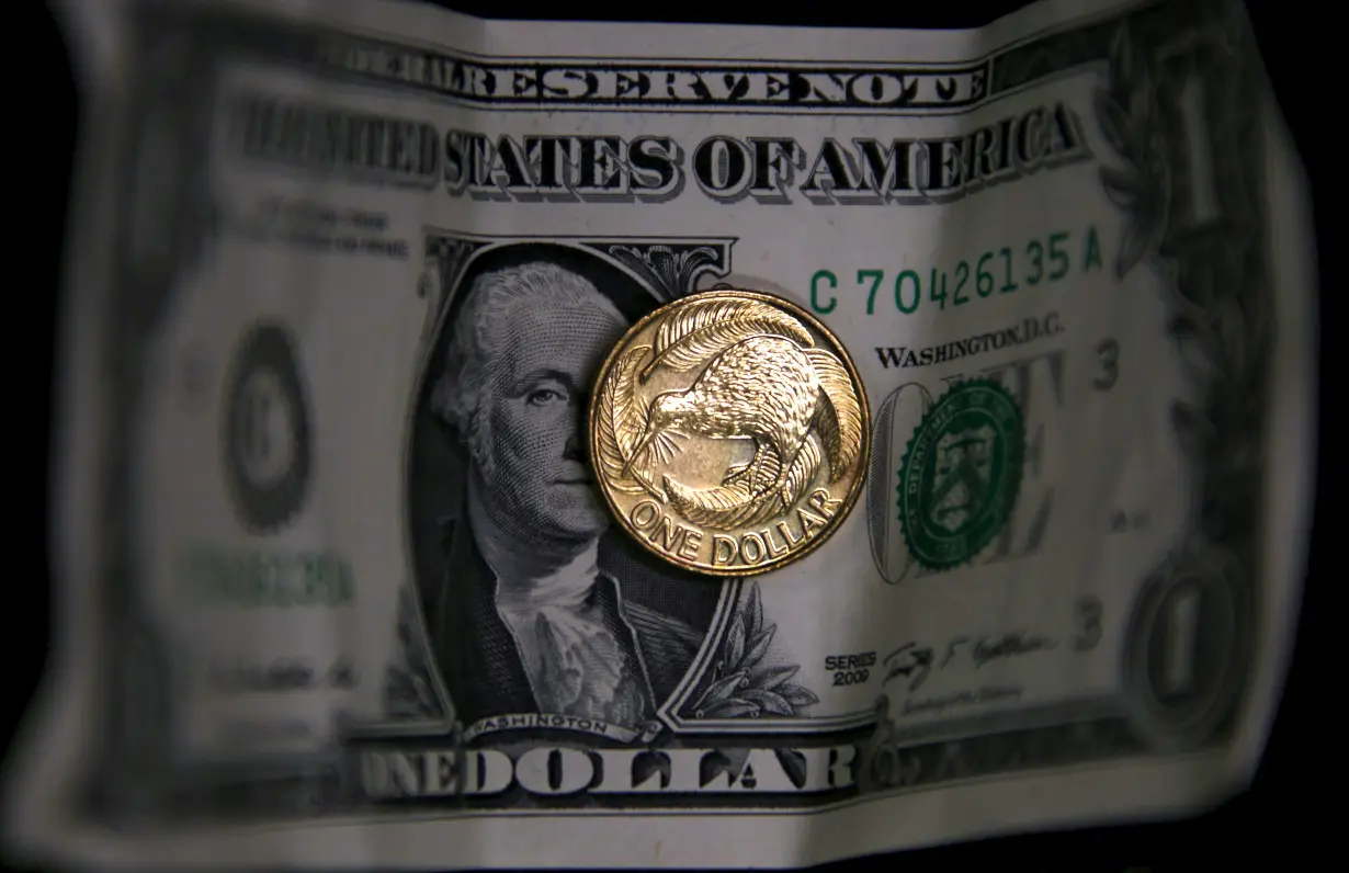 A New Zealand dollar coin sits atop a United States one dollar bill in this photo illustration