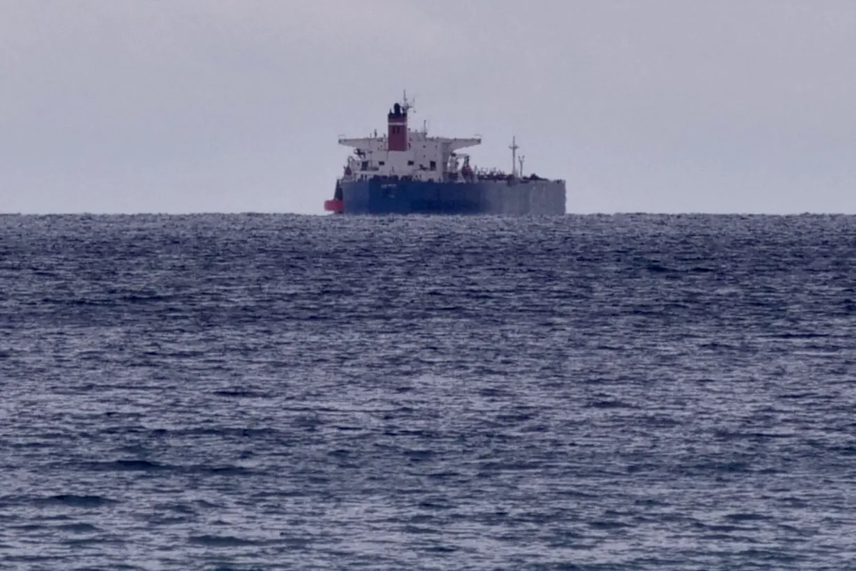 FILE PHOTO: The seized Russian-flagged oil tanker Pegas is seen anchored off the shore of Karystos, on the Island of Evia