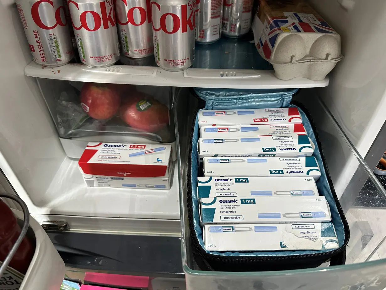 A handout photo shows a nine-month supply of Novo Nordisk's diabetes drug Ozempic stored in a refrigerator in London