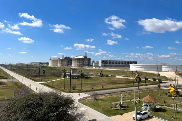 Storage tanks and gas-chilling units are seen at Freeport LNG