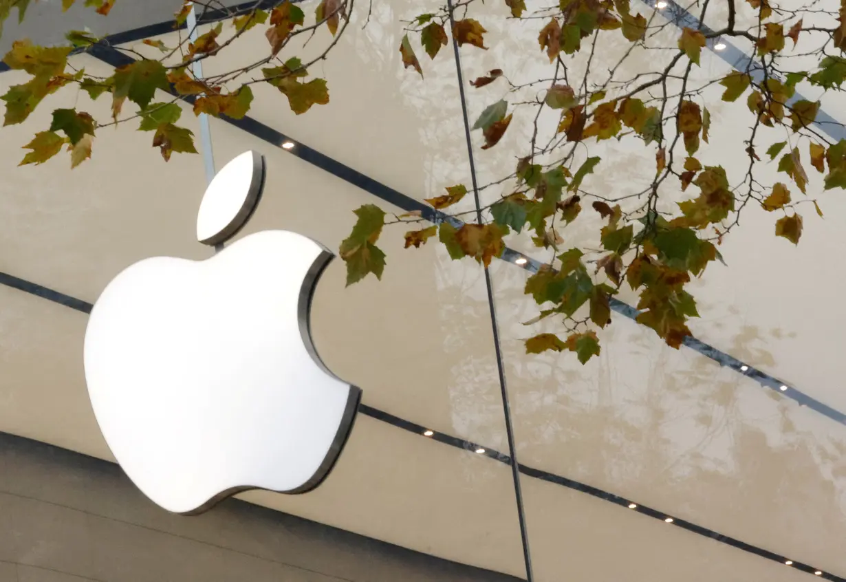 FILE PHOTO: The Apple Inc logo is seen at the entrance to the Apple store, in Brussels