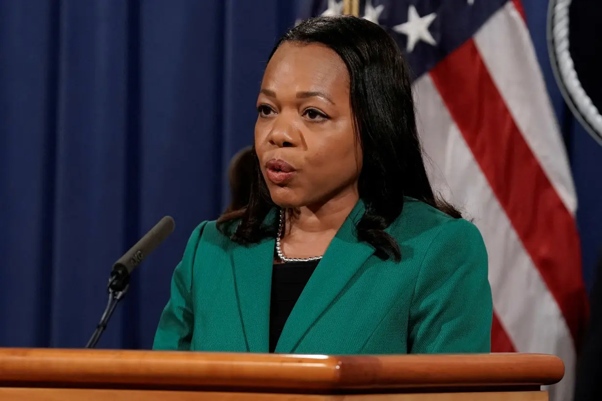 FILE PHOTO: Kristen Clarke, assistant attorney general for civil rights, speaks during a news conference in 2021. REUTERS/Ken Cedeno