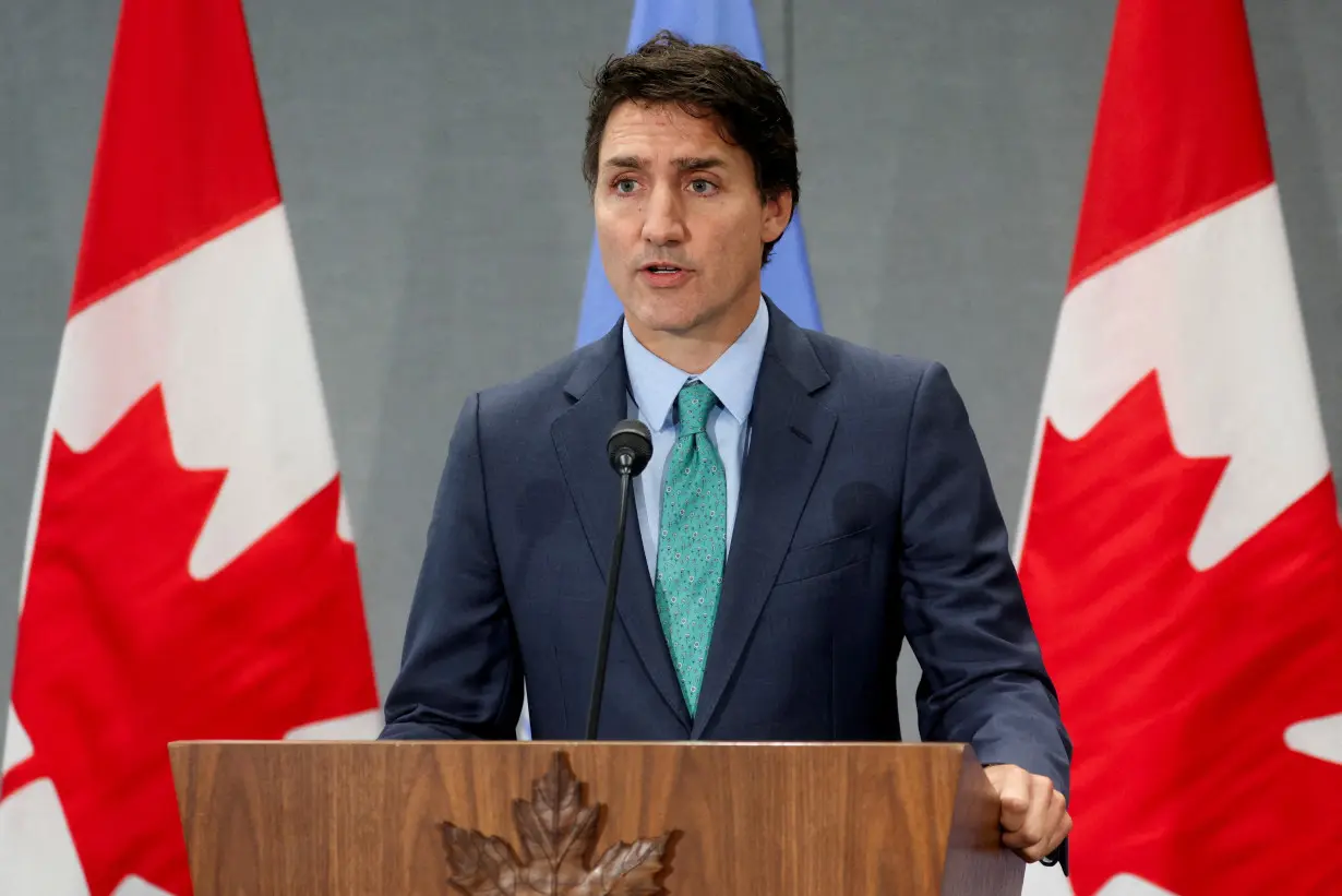 FILE PHOTO: Canadian Prime Minister Justin Trudeau speaks during a press conference