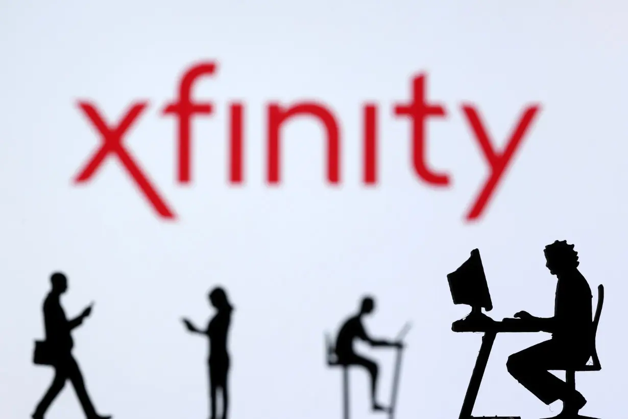 Illustration shows small toy figures with laptops and smartphones in front of displayed Xfinity Internet logo