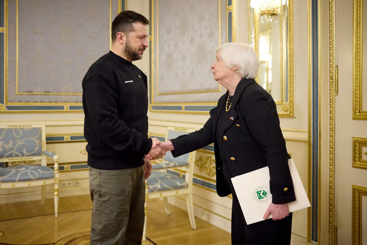 FILE PHOTO: Ukraine's President Zelenskiy welcomes U.S. Treasury Secretary Yellen in Kyiv