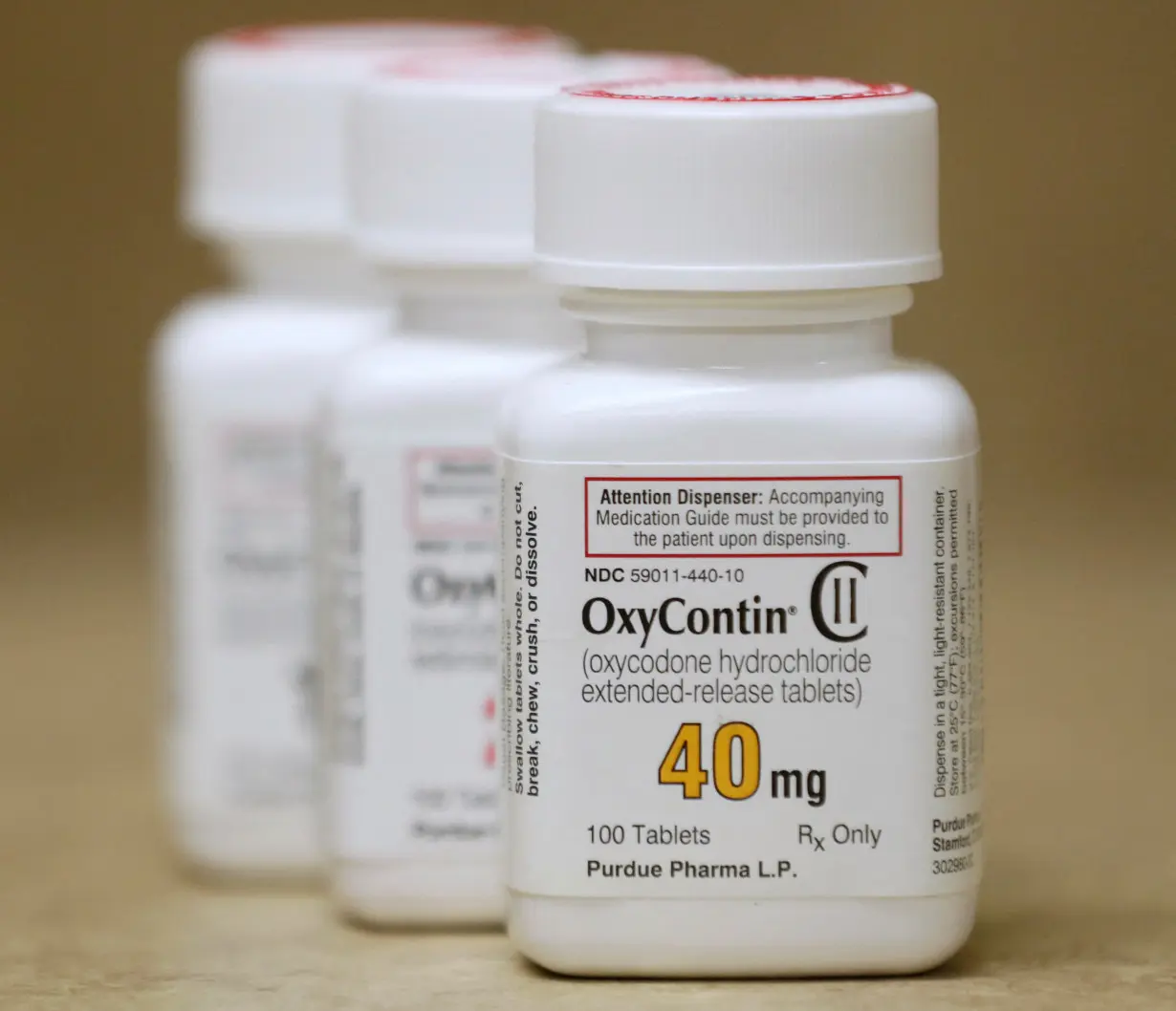 FILE PHOTO: Bottles of prescription painkiller OxyContin, 40mg, 20mg and 15mg pills, made by Purdue Pharma L.D. sit on a counter at a local pharmacy