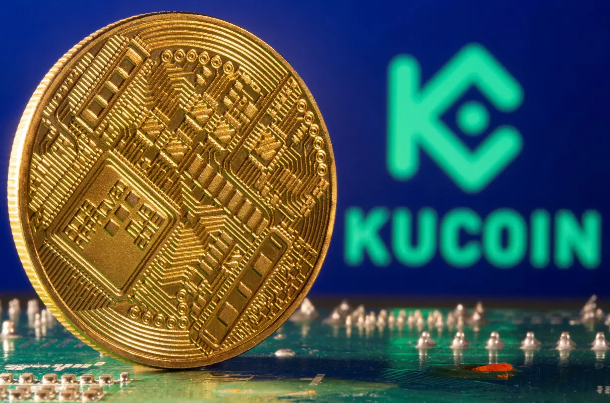 Representation of cryptocurrency is seen in front of a Kucoin logo in this illustration