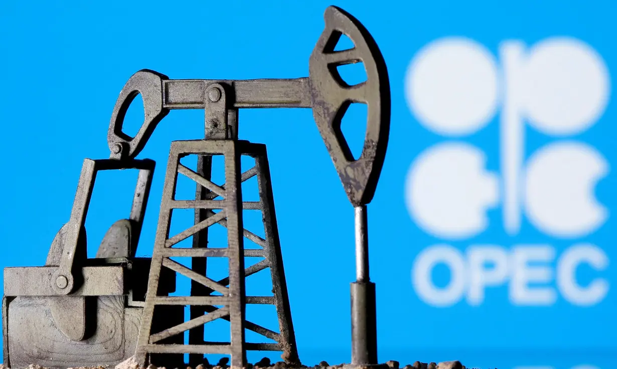 FILE PHOTO: A 3D printed oil pump jack is seen in front of displayed Opec logo in this illustration picture