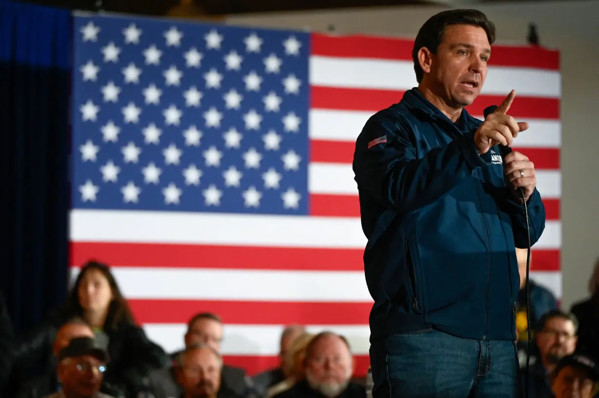 Republican presidential candidate and Florida Governor DeSantis speaks at a Never Back Down campaign event, in Newton