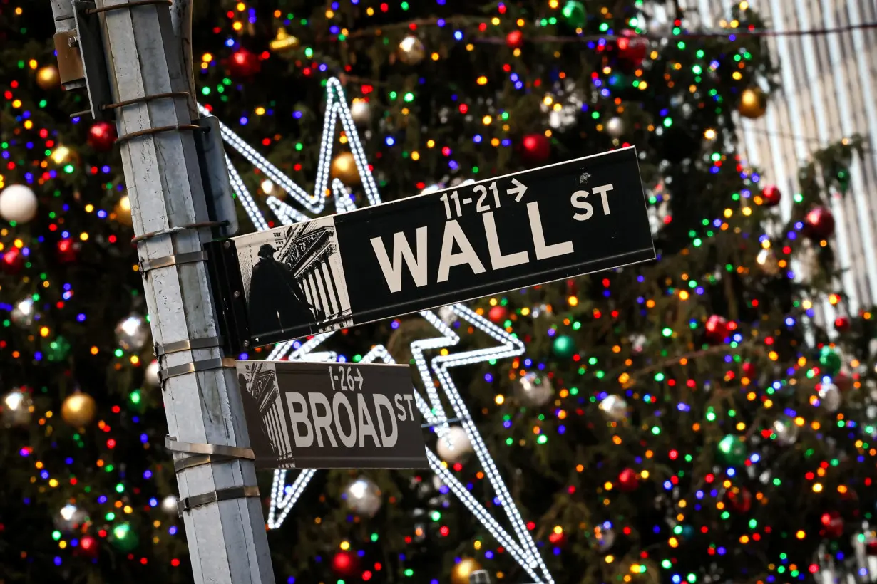 A Christmas tree is seen outside of the NYSE in New York