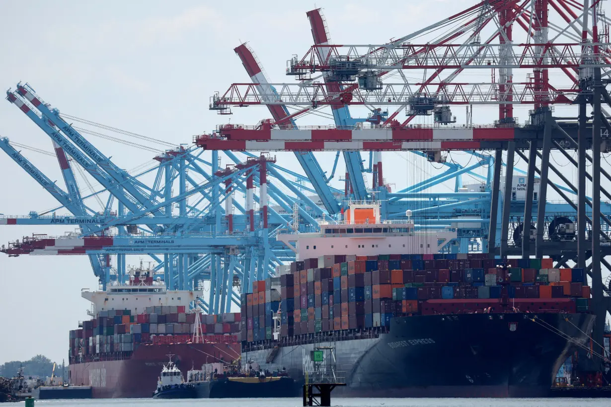 Docked cargo ships are loaded with shipping containers in Port Elizabeth, New Jersey