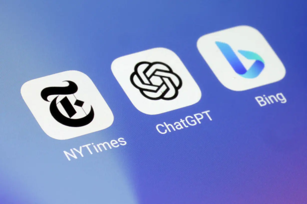 Illustration shows NYTimes, ChatGPT and Microsoft Bing apps icon