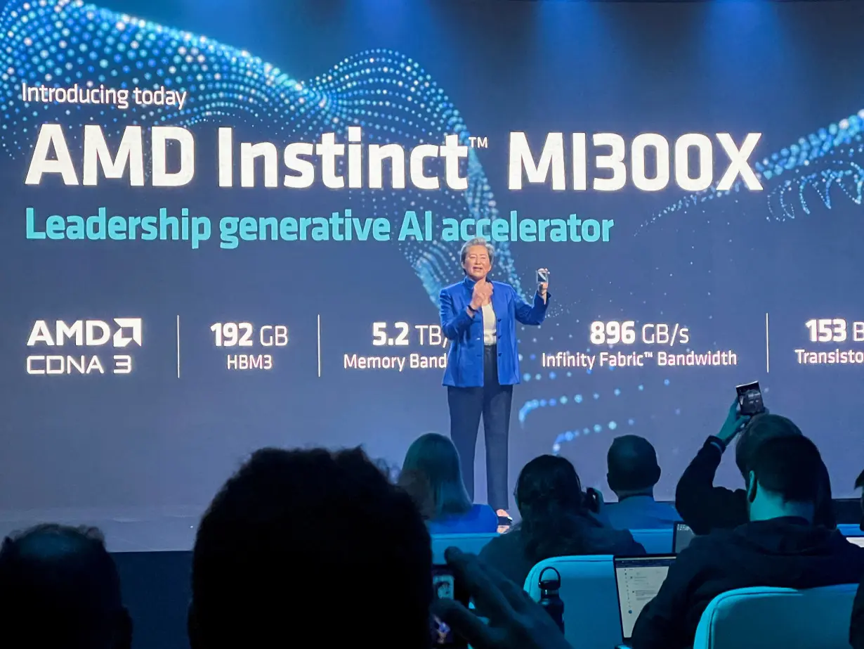 FILE PHOTO: AMD Chief Executive Lisa Su holds the company's new MI300X chip at an event outlining AMD's artificial intelligence strategy in San Francisco