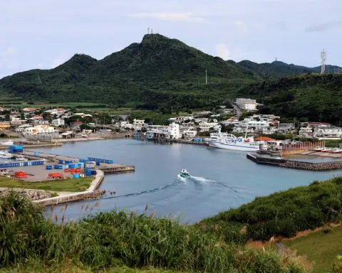 General view shows Kubura fishing port on Yonaguni island, Okinawa
