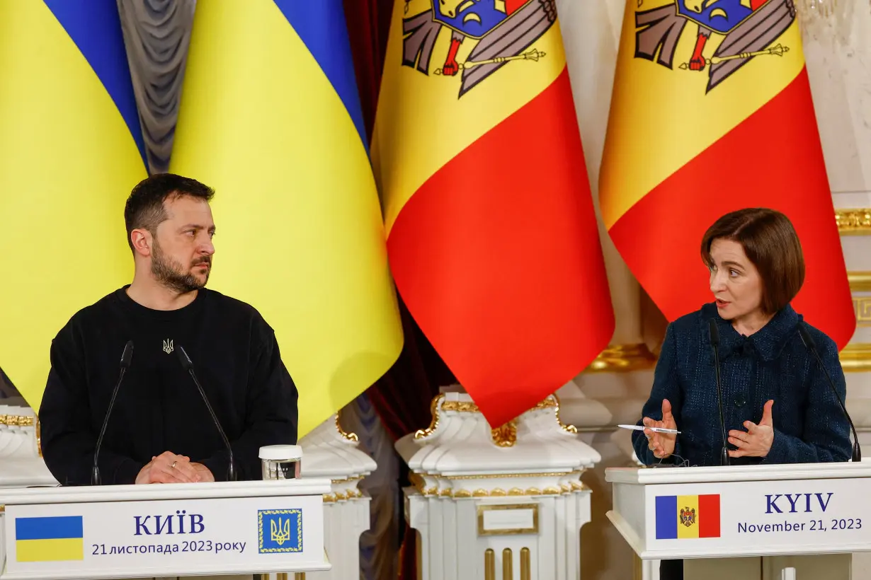 Ukraine's President Zelenskiy, Moldova's President Sandu and President of the European Council Michel attend a joint press conference in Kyiv