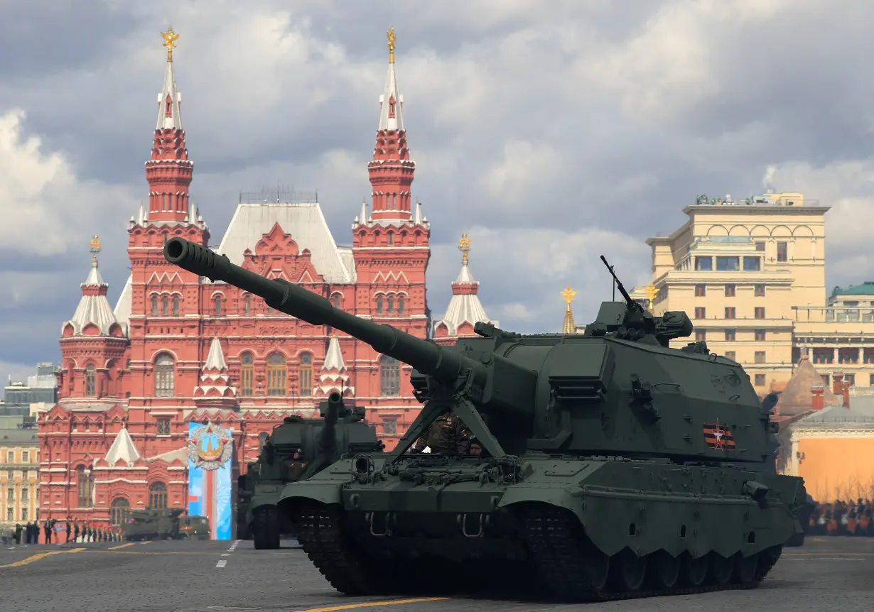 Coalition-SV class self-propelled howitzers drive during a rehearsal for the Victory Day military parade in Moscow