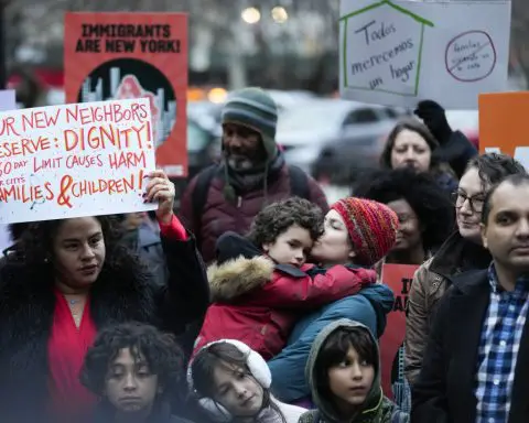 Migrant families rally for end to New York’s new 60-day limits on shelter stays