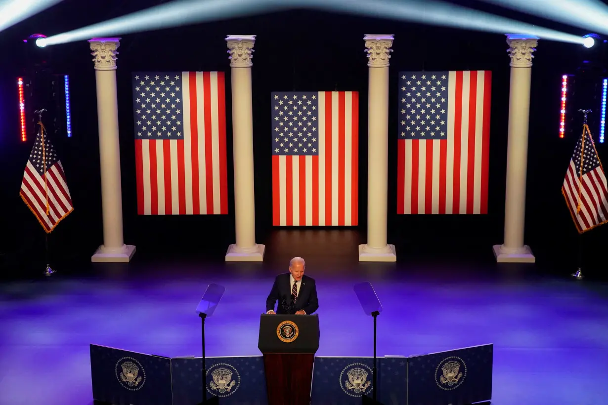 U.S. President Joe Biden delivers a speech to mark the third anniversary of the January 6, 2021 attacks on the U.S Capitol in Blue Bell, Pennsylvania