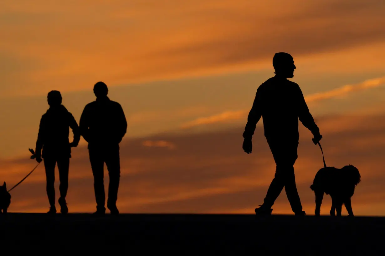 FILE PHOTO: People walk their dogs after sunset in California