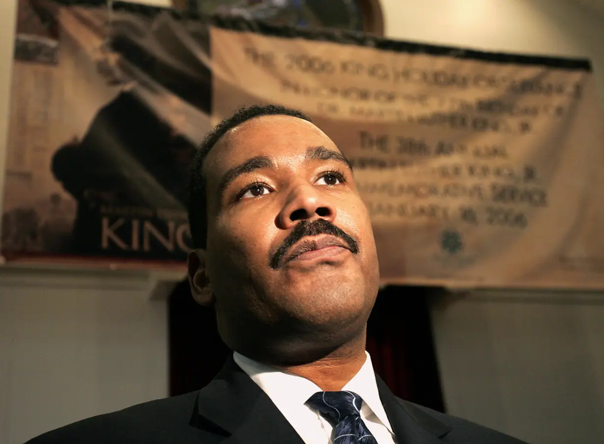 Son of slain civil rights leader Martin Luther King, Jr. answers questions after commemorative service in Atlanta