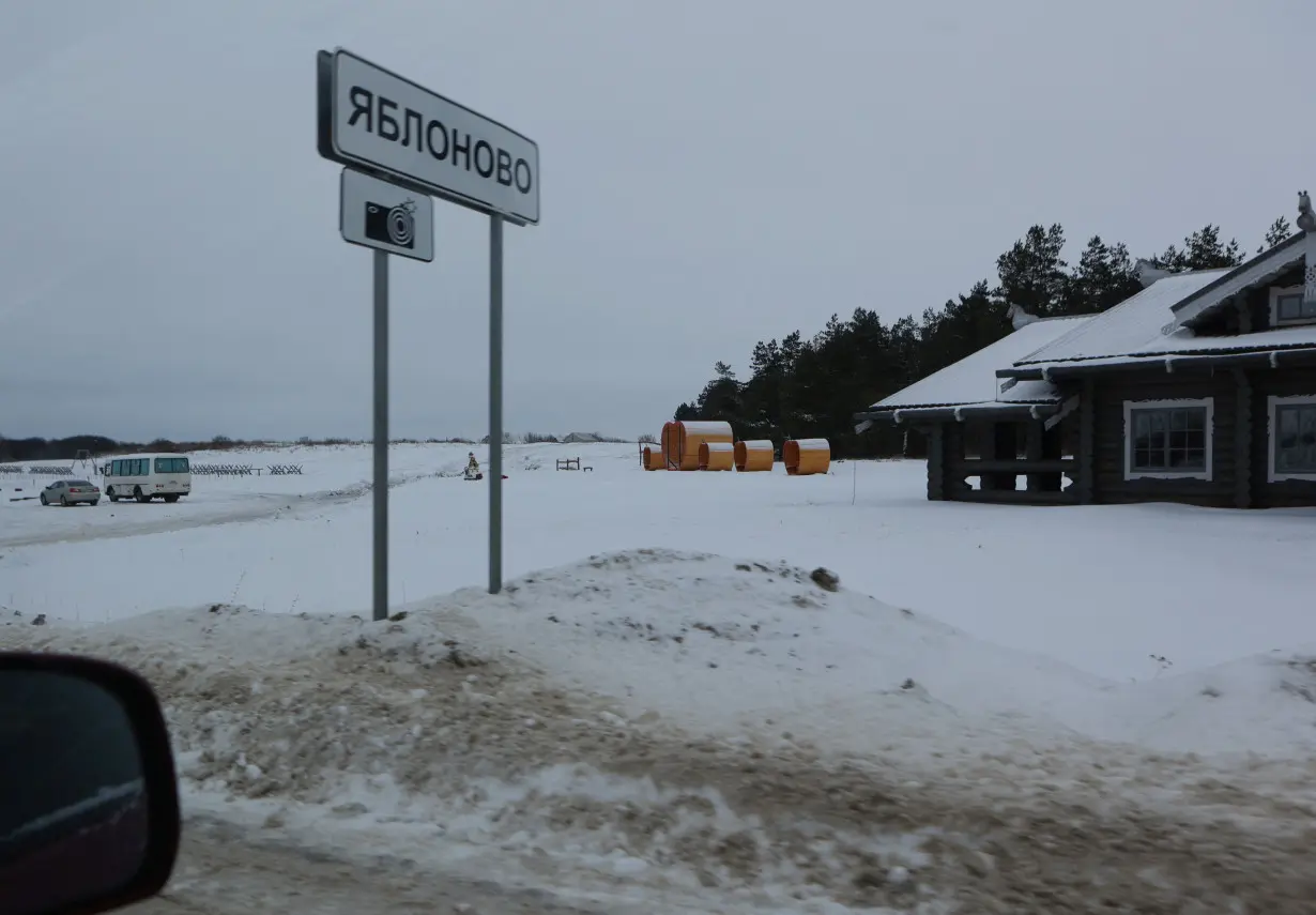 A view shows a road sign in Yablonovo near the crash site of the Russian Ilyushin Il-76 military transport plane in Belgorod Region