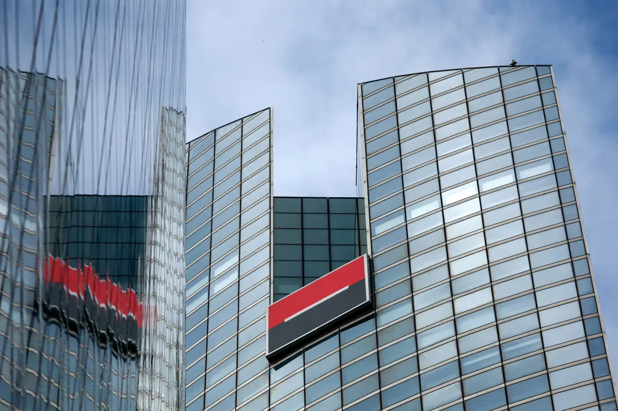 FILE PHOTO: Logo of French bank Societe Generale in La Defense near Paris