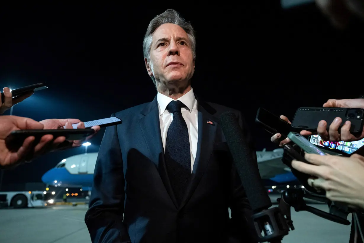 US Secretary of State Antony Blinken speaks to the media prior to departure from Al Maktoum International Airport in Dubai