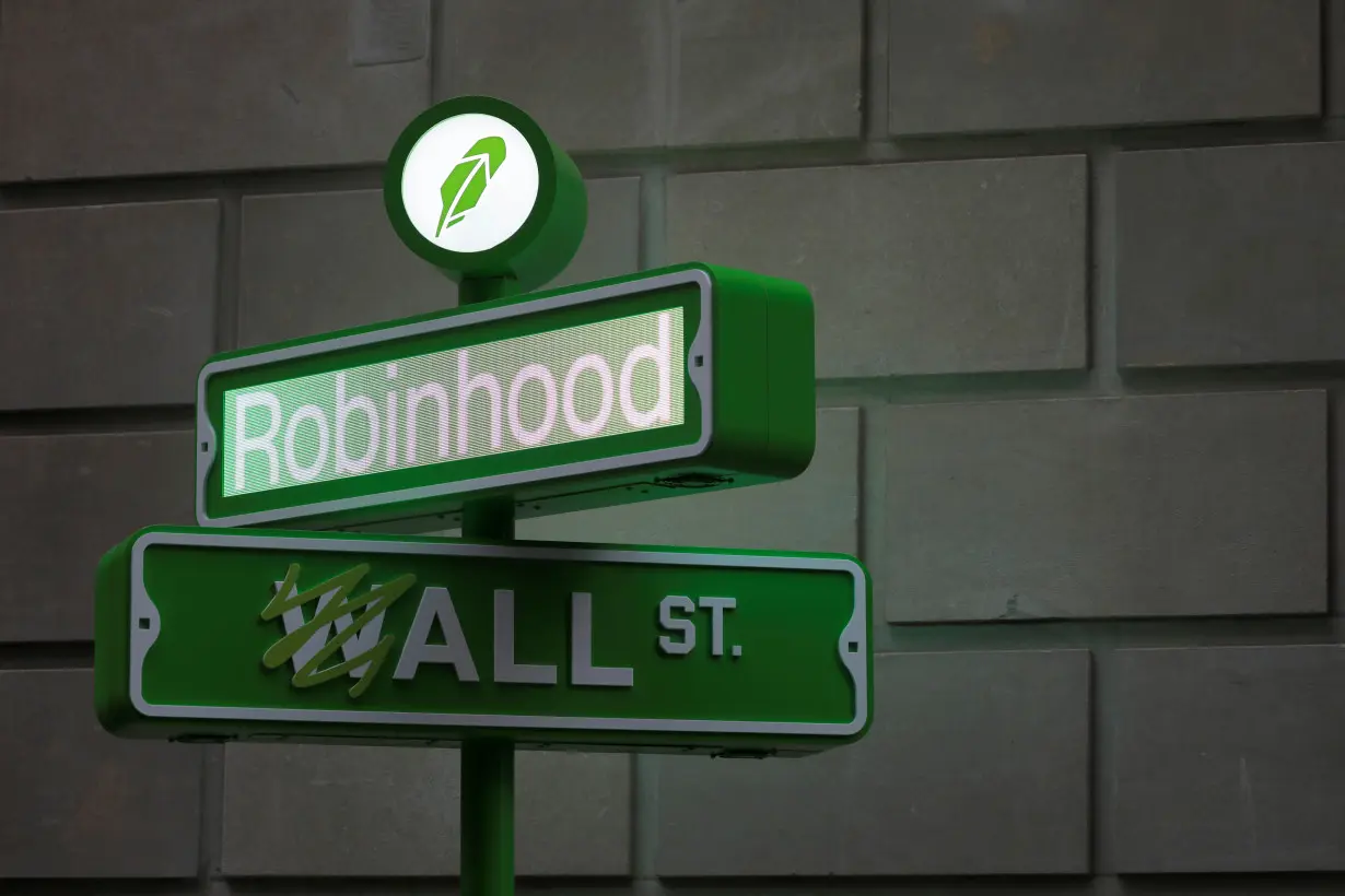 The logo of Robinhood Markets, Inc. is seen at a pop-up event on Wall Street after the company's IPO in New York City