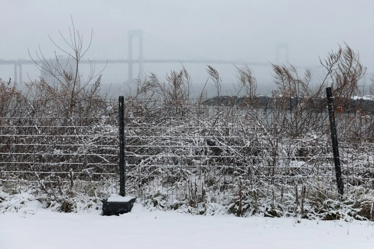 A snow covered fence stands as the The Throgs Neck Bridge suspension bridge sits shrouded during winter weather in the Queens borough of New York City