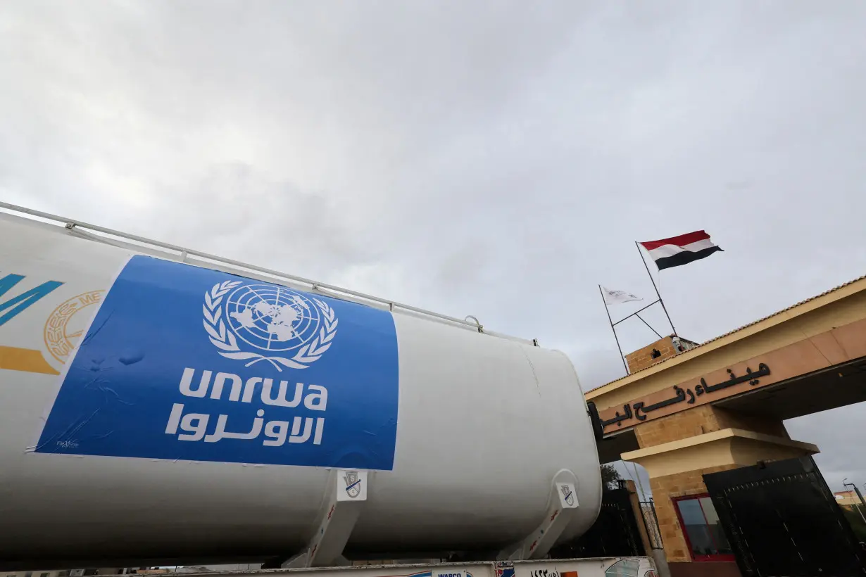 FILE PHOTO: UNRWA truck crosses into Egypt from Gaza at Rafah border crossing