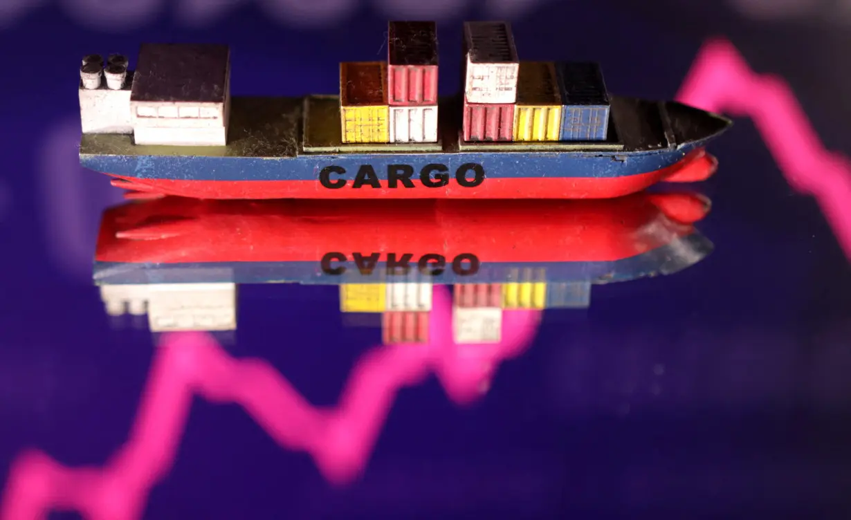 Illustration shows a cargo ship boat model and rising stock graph