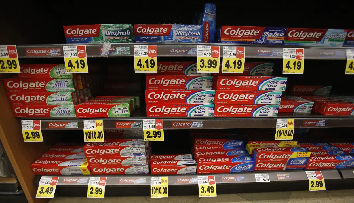 Colgate toothpaste is pictured on sale at a grocery store in Pasadena