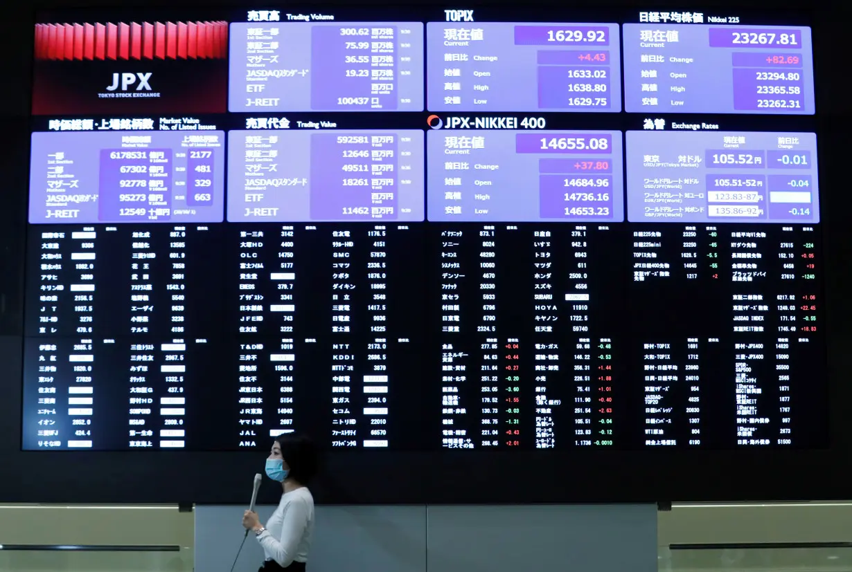 A TV reporter stands in front of a large screen showing stock prices at the Tokyo Stock Exchange after market opens in Toky