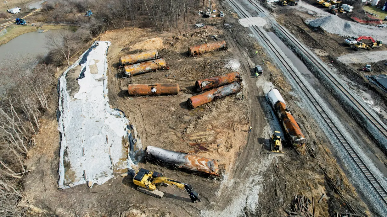 Site of the derailment of a train carrying hazardous waste, in East Palestine, Ohio