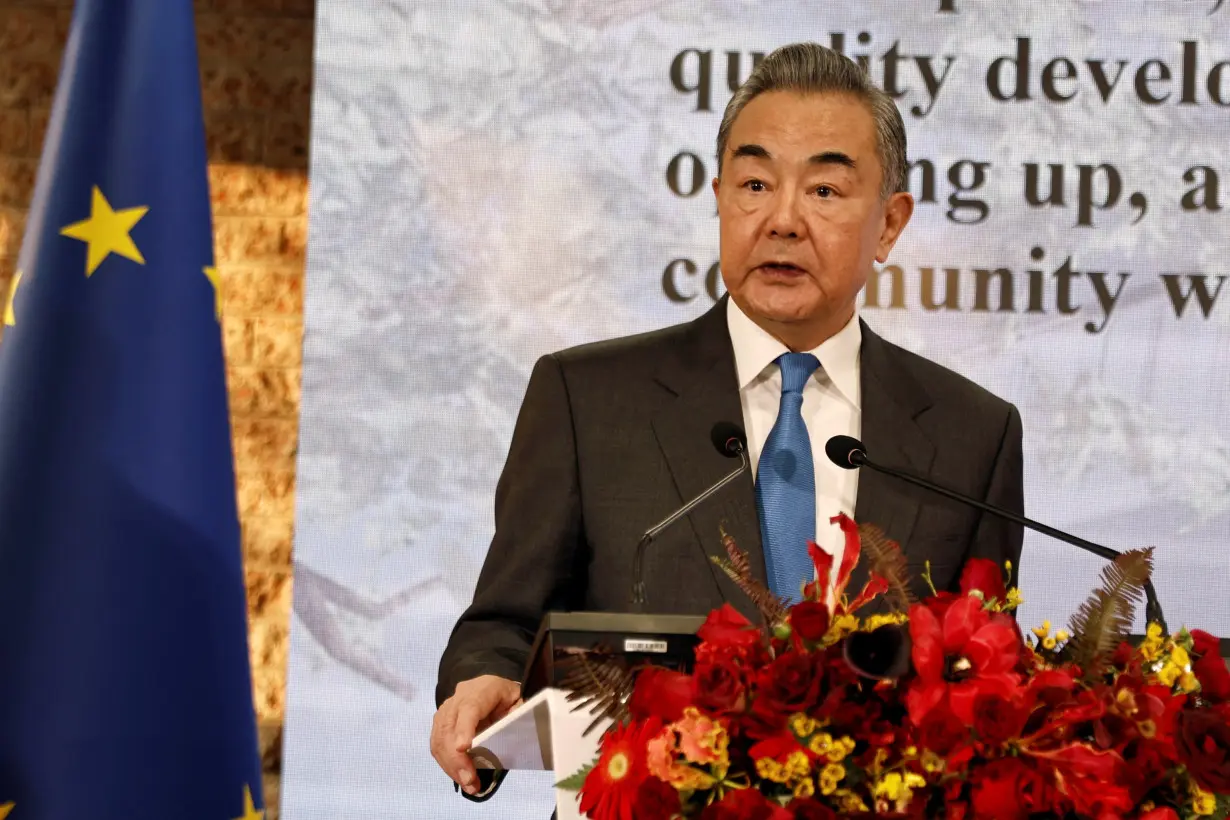 Chinese Foreign Minister Wang Yi speaks at the Belgian embassy in Beijing