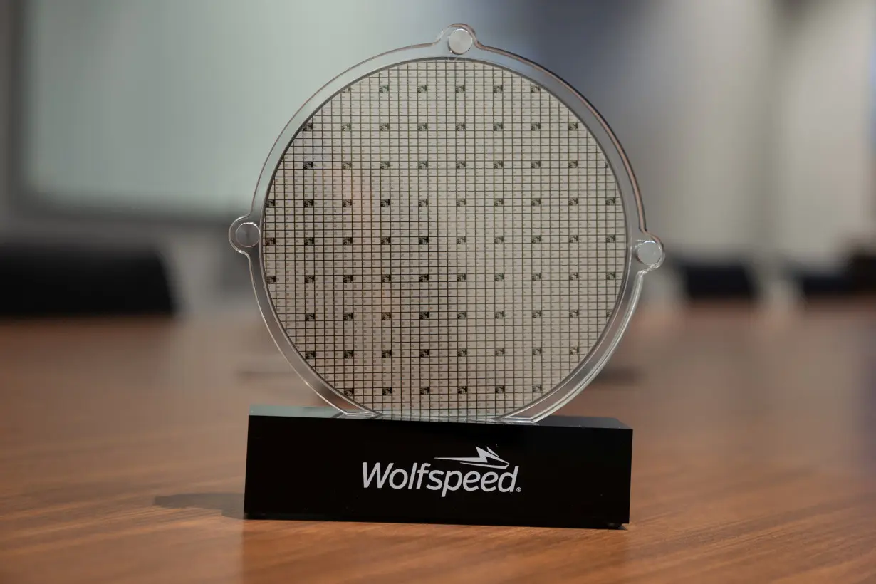 U.S. power chip maker Wolfspeed’s silicon carbide 200mm wafer is seen on display at Wolfspeed’s Mohawk Valley Fab in Marcy