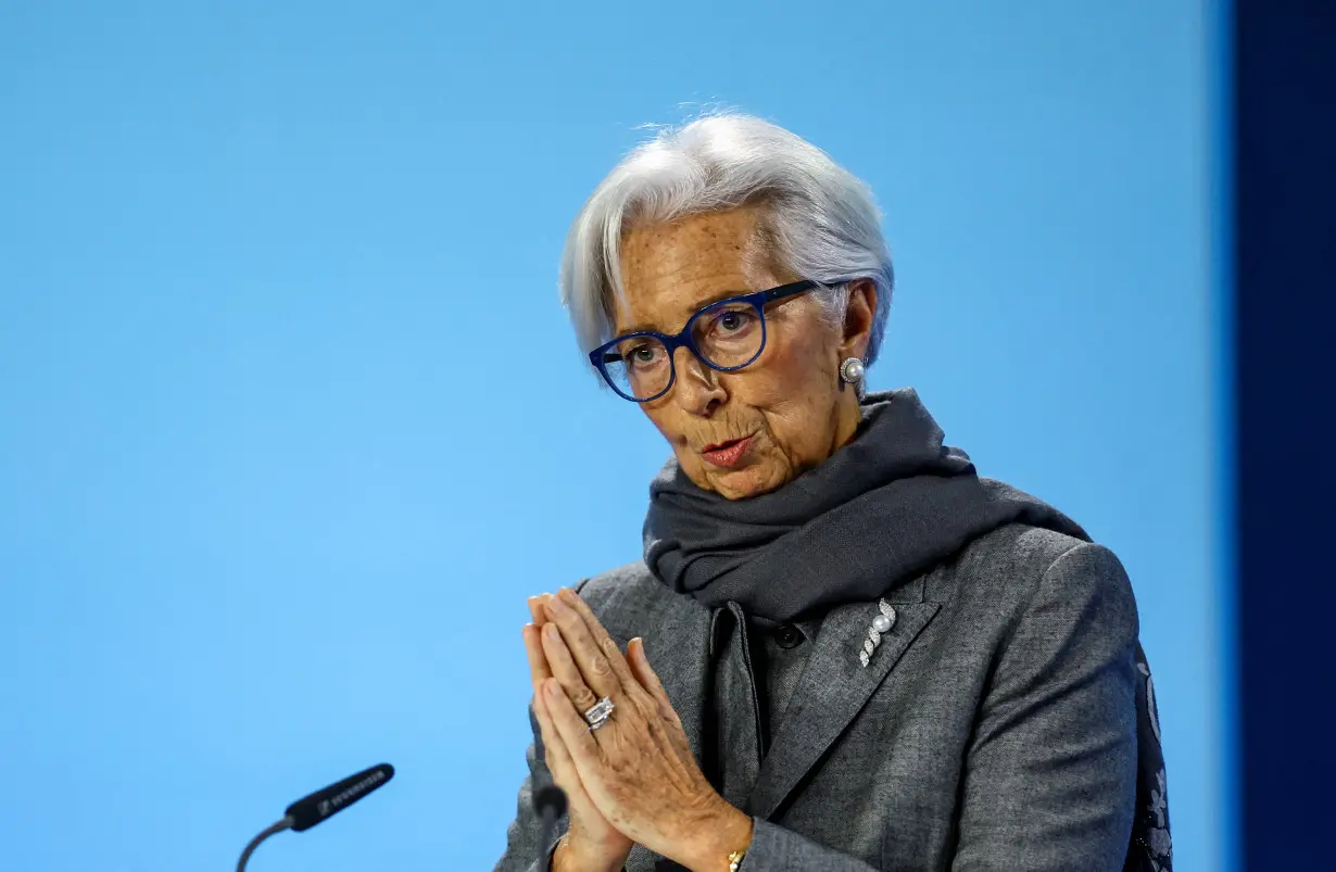 ECB President Lagarde speaks to the media following a monetary policy meeting in Frankfurt