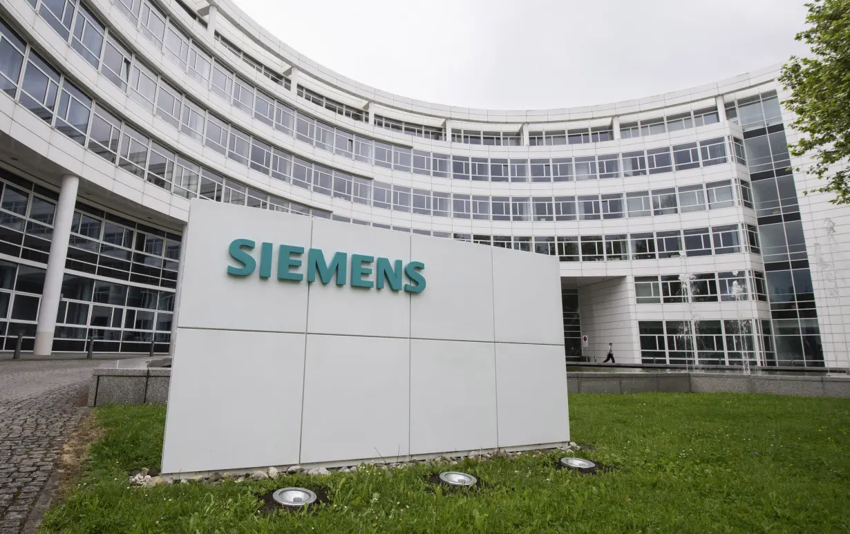 A Siemens logo is pictured on an office building of Siemens AG in Munich