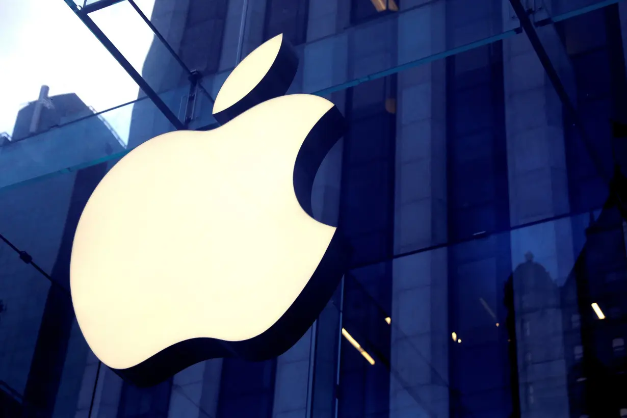 FILE PHOTO: The Apple Inc logo hanging at the entrance to the Apple store on 5th Avenue in New York