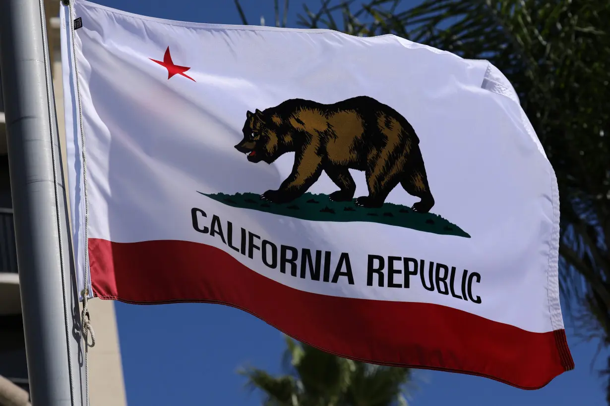 The state flag of California flies on a flag pole in San Diego