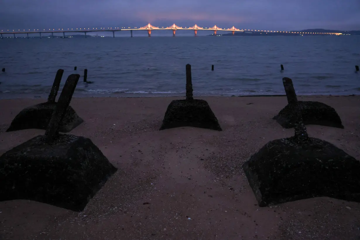 Anti-landing barricades are seen on the beach in Kinmen