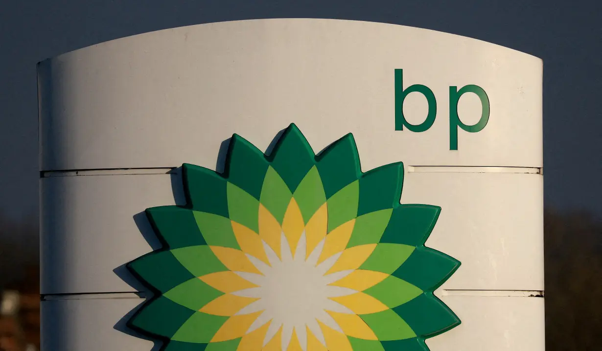 FILE PHOTO: Signage is seen outside a BP (British Petroleum) petrol station in Liverpool