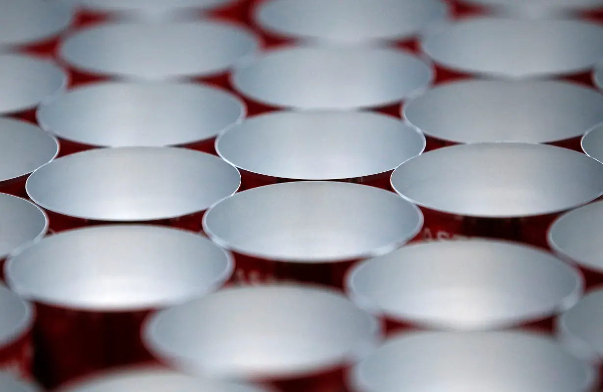 Aluminium cans leave the production line at Ball Corporation, Wakefield